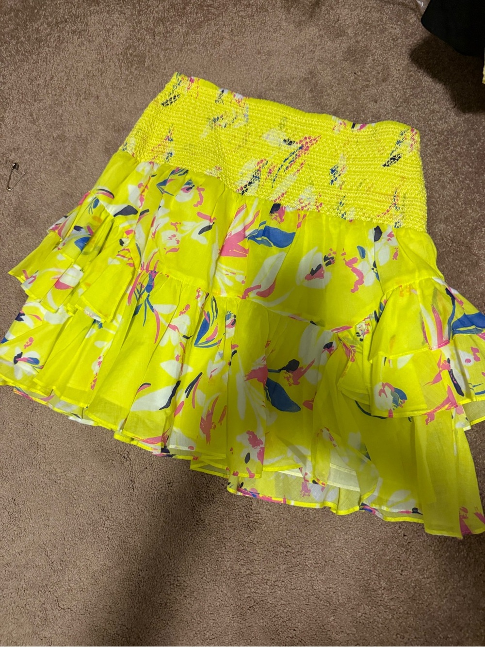 Tanya Taylor Neon Yellow Floral Tiered Smocked Skirt